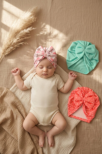 Babydonat Lia Premium 3-Piece Large Bow Baby Satin Bonnet - Soft, Stretchy Co...