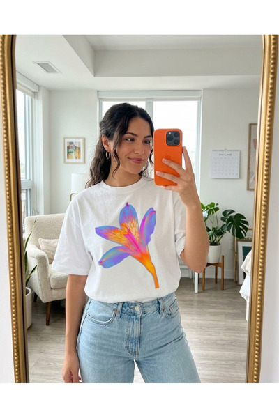 libukes Unisex Oversize Vivid Floral Printed White T-Shirt
