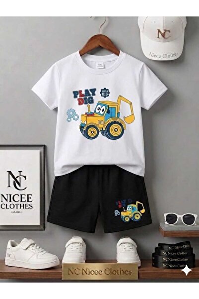 NC Nicee Clothes LETNJA DEČJA MAJICA I KRATKE HLAČE UNISEKS (S TISKOM TRAKTORA)