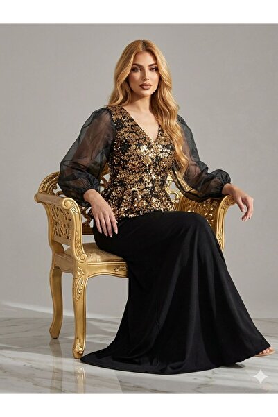DAY BY DAY Women's Evening Dress with Embroidered Bodice and Transparent Sleeves