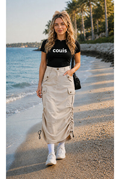 couis Light Beige Lycra Linen Non-Showing Long Skirt