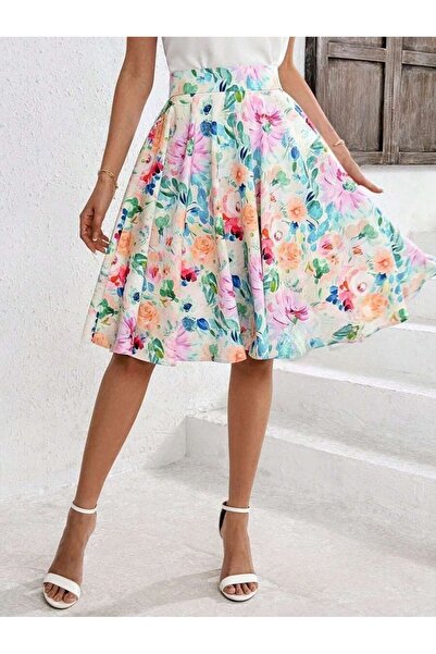 Iuliashop Fustă midi Adisa crem cu imprimeu floral multicolor - M