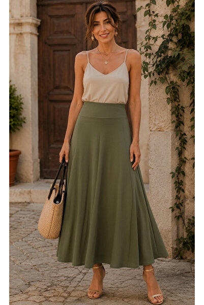 STYLENEST Kadın Haki Yüksek Bel Çan Kesim Uzun Etek Lastikli Bel Rahat Kalıp ...