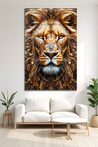 AltmışAltı İhtişamlı Altın Aslan Temalı Cam Tablo 4mm Temperli Dikey Duvar De...