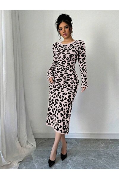 Iuliashop Rochie midi tricotată roz Sabine cu imprimeu negru - S