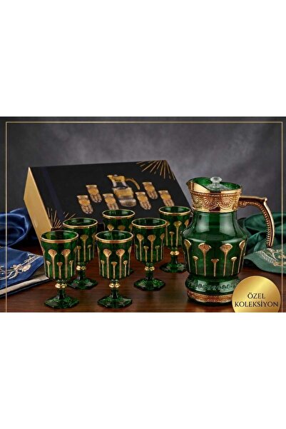 DİĞER1111 Hürrem lüks gold yaldızlı7 parça ayaklı kadeh şerbet takımı zümrüt ...