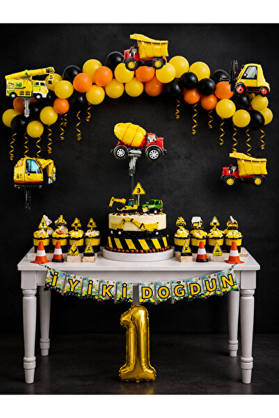 Aspak İnşaat Temalı Yaş Doğum Günü Süsleme Seti İş Makinesi Folyo Balon Balon...