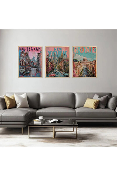 KOLAJTASARIM Set Pop Art Orașe din lume, set de 3 tablouri cu rame din lemn n...