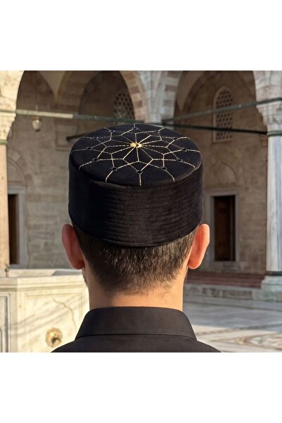 İkranur Lüks Kadife Keçeli Takke Nakışlı Siyah