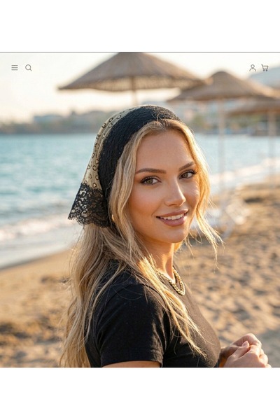 VİSKOYAT Dantelli tül bandana fular eşarp siyah bandana