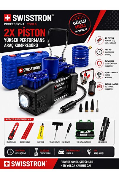 SwissTron Ağır Hizmet 12V 150PSI Çift Silindirli Çantalı Oto Kamyon Lastik Şişirme Hava Kompresör Set