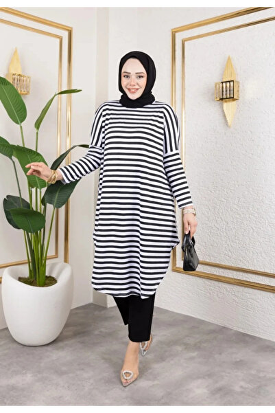 TATULA Black and White Striped Combed Cotton Hijab Tunic