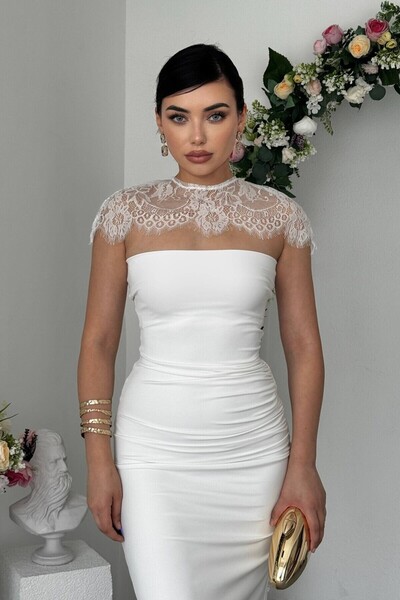 Julidress Lace Cape Detailed Maxi Long Length Premium Bodycon Dress