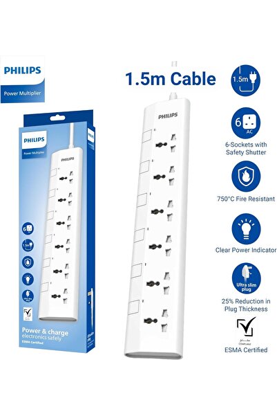 Philips وصلة تمديد طاقة عالمية بـ 6 مخارج بطول 1.5 متر مع مفاتيح فردية، حماية...