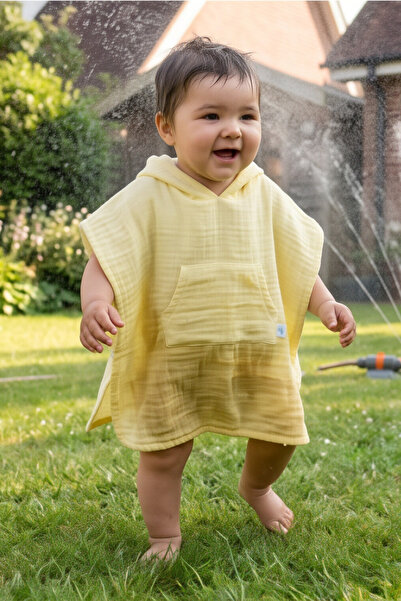 LITTLE'S WORLD Organic Cotton Muslin Baby Hooded Poncho Light Yellow
