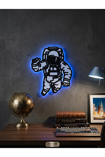 Murat Lazer Astronot Mavi Led Işıklı Ahşap Duvar Dekoru Pilli Gece Lambası Tablo
