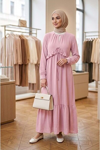 Puane 26Y12638 ELBİSE PAMUK KETEN İÇİ ASTARLI FIRFIR DETAYLI PEMBE