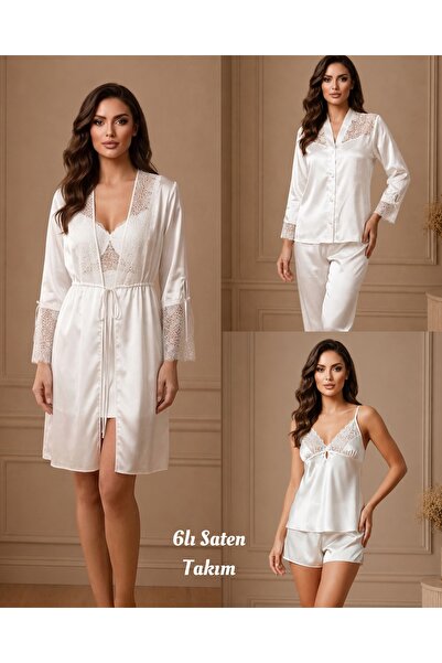 VİP SECRET 6-Piece Satin Lace Detailed Dowry Nightgown and Dressing Gown Set ...