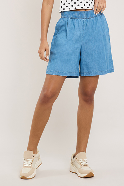R&B Washed Denim Shorts with Elastic Waist