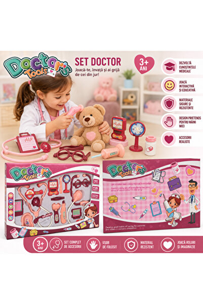 Bebelul Set doctor copii cu accesorii medicale, stetoscop si ochelari roz 3+ ani