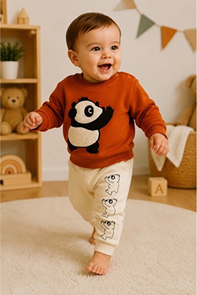 Pure Boutique Costum bebe baiat 2 piese caramiziu crem cu panda aplicat si pa...