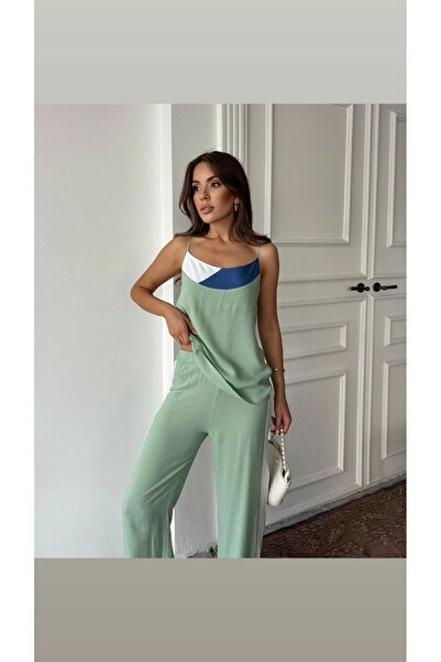 twomeey Women's Cotton Viscose Fabric Strap Blouse and Wide Leg Pants Two-Pie...