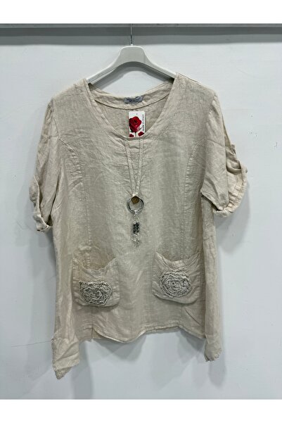 della moor Women's Beige Italian Foldable Short Sleeve Oversize Linen Tunic S...