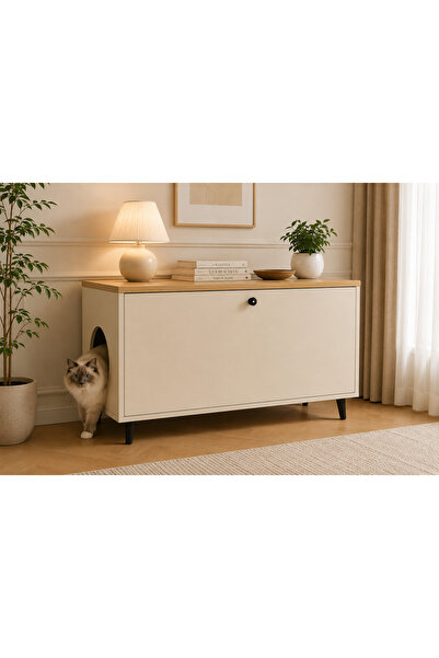 tino furniture Ebru Serisi Lina 90cm Kapalı Dekoratif Kedi Tuvaleti Mobilyası
