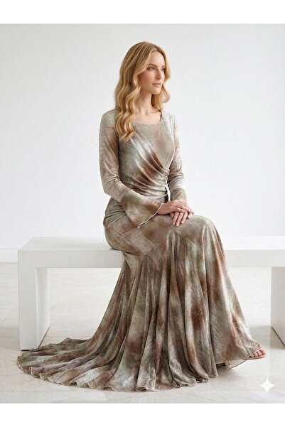 DAY BY DAY Soft Evening Dress with Full Rhinestones, Maxi Length, Side Pleats.
