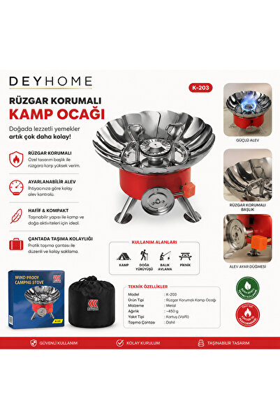 DEYHOME Rüzgar Korumalı Kamp Ocağı 2800W Portatif Gaz Kartuşlu Kamp Piknik Do...