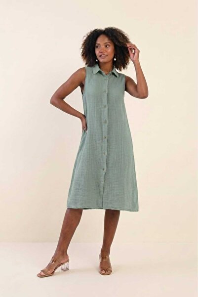 madam trend Mint Green Women's 100% Cotton Muslin Fabric Pocketed Buttoned Sl...