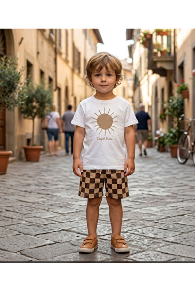 WİKİBOOM Sun Printed Square Pattern Shorts and Top Summer Boys' Set