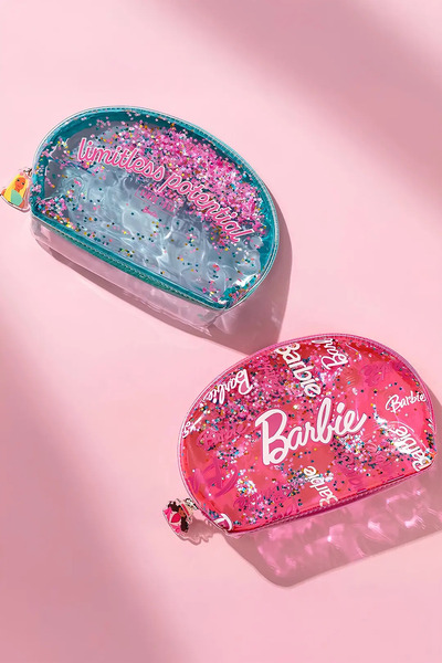 Miniso Barbie Lisanslı Kayan Yıldız Detaylı Şeffaf ve Sulu Kozmetik Çantası 2...