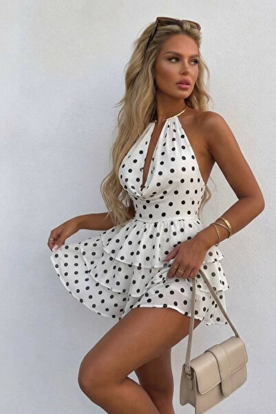 Vavelsa Aksesuarlo Layered Ruffle Polka Dot Mini Dress