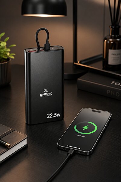 ENERX ENR-P10MTK Powerbank 10000 Mah 22.5W Hızlı Şarj, Dahili Type-C Kablolu Yeni Nesil Metal Kasa Taşınabilir Şarj Cihazı Siyah