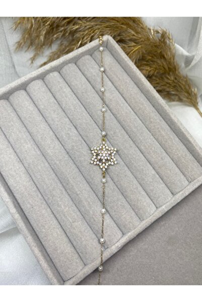 ZEYKU ACCESSORİES Zircon Stone and Pearl Detailed Snowflake Steel Necklace (1...