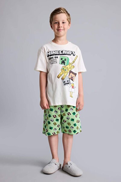DeFacto %100 Pamuk Minecraft Lisanslı Regular Fıt 2'li Ecru Pijama Takımı Erk...