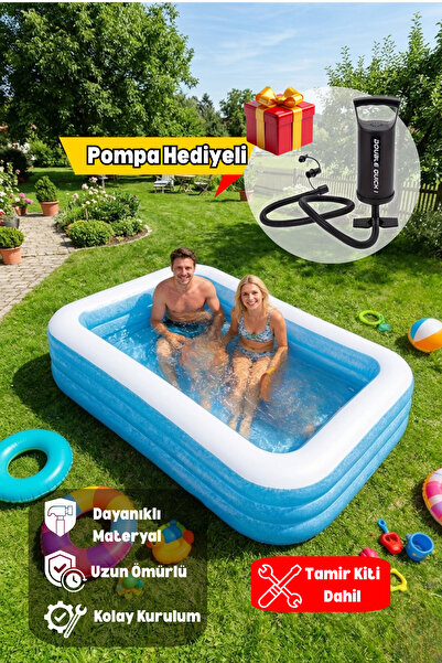 Kalitomi 305x183x56 cm Şişme Bahçe Havuzu Pompa Hediyeli– Üç Çemberli Aile Ha...