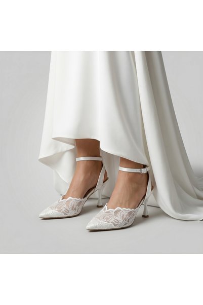 SHOELUKS White Lace Embroidered Heeled Shoes