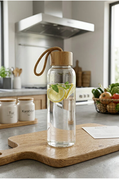 ŞekerHome Borosilikat Cam Matara Bambu Vakum Kapaklı Su Şişesi Suluk 500 ML