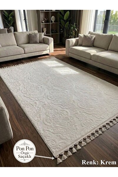 NaRStore Home Krem Kaymaz Taban Pon Pon Saçaklı Yıkanabilir Salon Halısı Mutf...