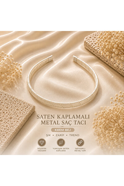 APAK BİJUTERİ Saten Kaplamalı Krem Bej Metal Saç Tacı