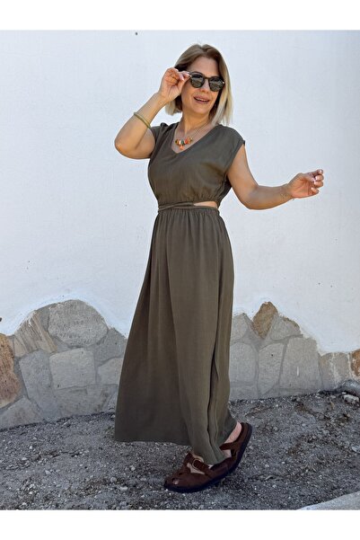 SİSTA MODA 0003 Bel Pencereli, V-Neck, Sleeveless, Linen Dress
