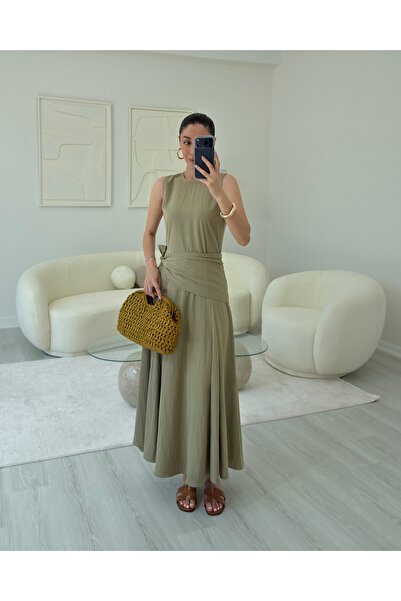 LUUNA STORE HAKİ ŞAL DETAYLI MİDİ ELBİSE