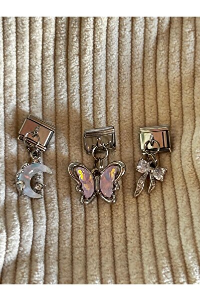bijoux uniques ay&kelebek&taşlı kurdele çoklu kombin çelik italyan charm