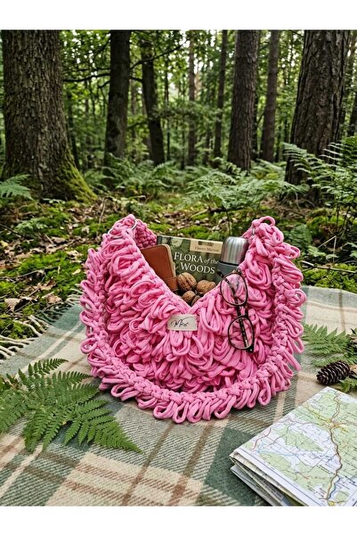 Musev Stil El Yapımı Örgü Omuz Çantası Küçük Fluffy Modeli Pembe