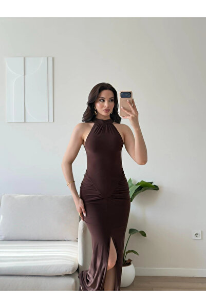 Halter Yırtmaçlı Balık Elbise - KAHVE