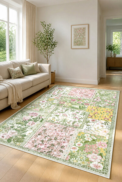 Decomia Home Dijital Kaymaz Yıkanabilir Renkli Çiçek Desenli Salon Halısı Mutfak Halısı Koridor Halısı Yolluk