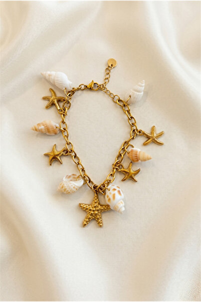 Pelin Aksesuar Gold Color Steel Bracelet with Shell and Starfish Figures