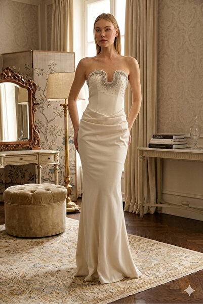 Hot Contact Stone Detailed Strapless Fish Shape Evening Dress 5343